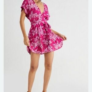 Free People Pink and White Flutter Sleeve Wrap Sundress